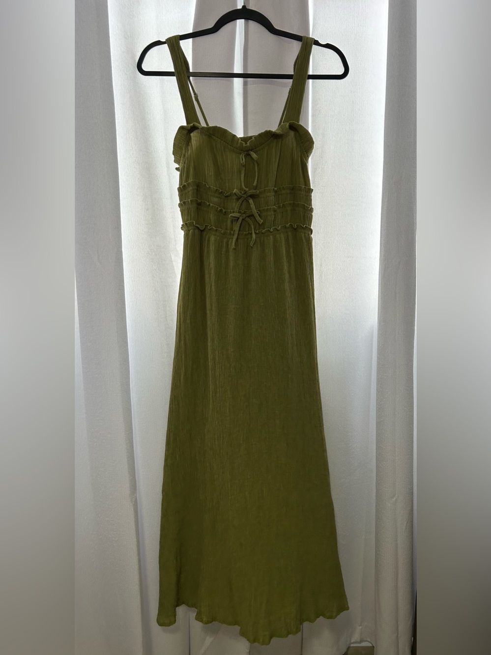 Blu Pepper Olive Green Maxi Dress with Ruffle and Tie Details